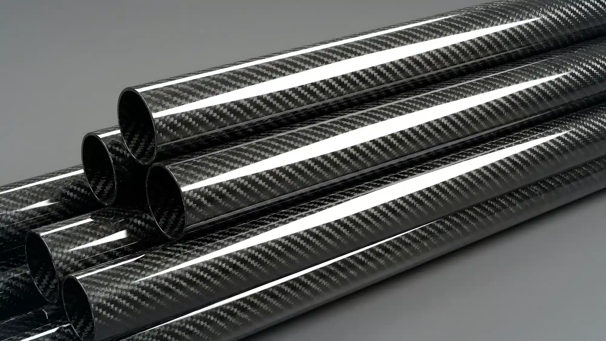 Industrial manufacturing process of carbon fiber tubes showing layered composite materials, curing process, and precision machining for high-performance applications